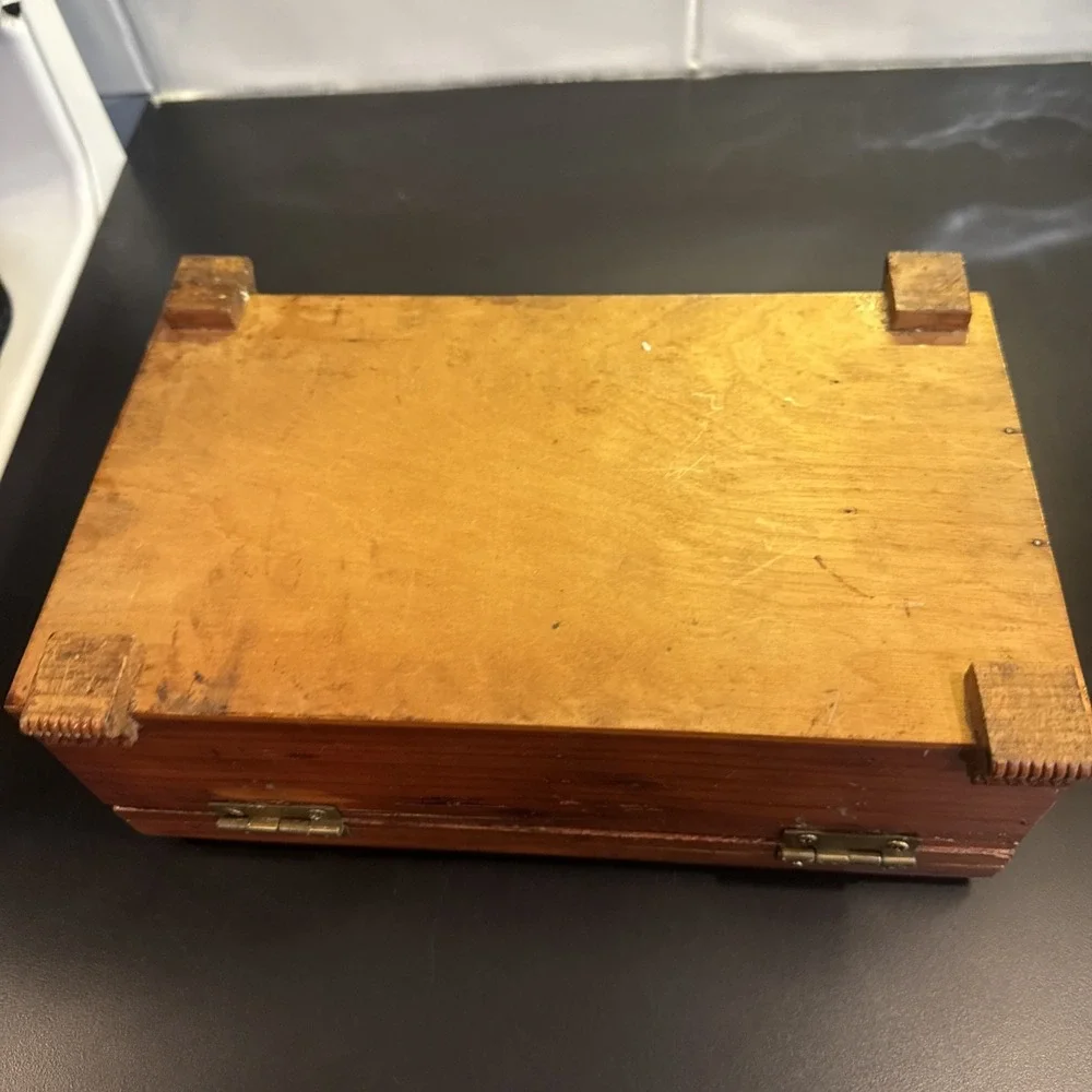 Vintage  Wooden Keepsake Box Hand Carved With Etched Floral Mirror